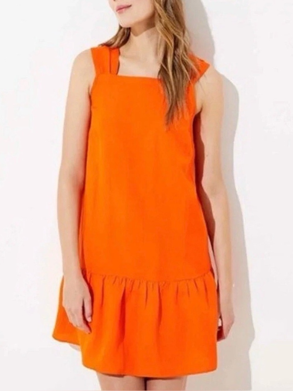 NWT Loft Square Neckline Tiered Mini Shift Dress Orange Linen Blend Large - Picture 3 of 8